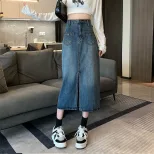 High Waist A Line Denim Skirt for Women Mid Length Gray Casual Style Spring Collection