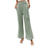 Womens Green Wide Leg Pants with Belt Summer Casual Style Lightweight Fabric ready to ship