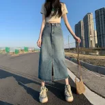 High Waist Slim Fit Midi Denim Skirt for Women Spring Summer Casual Style with Side Slit Available in Blue and Black Wholesale