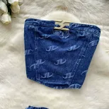 Metal Buckle Floral Print Strapless Top and High Waist Slim Fit Jeans Set for Women Summer Casual Wear Wholesale
