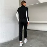 Womens Casual Two Piece Set Color Block Design Stand Collar Long Sleeve Comfortable Fabric