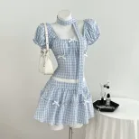 Womens Summer Plaid Puff Sleeve Shirt and A Line Skirt Set in Blue Casual Fashion