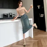 Womens High Waist A Line Denim Skirt Mid Length with Back Slit Casual Spring Autumn Wear