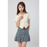 High Waist A Line Denim Skirt for Women Vintage Style Flattering Fit Pleated Design Casual Summer Wear Wholesale