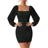 Ruffled Bodycon Dress with Square Neckline and Long Puff Sleeves in Black for Women Wholesale Ready to Ship