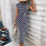 Elegant Striped Maxi Dress for Women Short Sleeve Round Neck Waist Tie Summer Fashion
