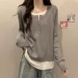 Gray Knit Two Piece Style Top for Women Loose Fit Long Sleeve Layering Shirt Fall Winter Collection