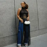 Womens Sheer Mesh Tank Top Halter Neckline Fringe Detail Summer Fashion