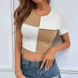 Color Block Short Sleeve Knit T Shirt for Women Casual Summer Style Available in Black and Khaki Wholesale Supply