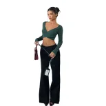 V Neck Long Sleeve Crop Top for Women Slim Fit Waist Design Casual Chic Style Available in Green Wholesale Options