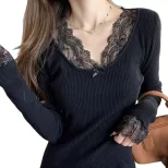 Lace Panel V Neck Long Sleeve Top for Women Soft Warm Fabric Autumn Casual Wear fast shipping