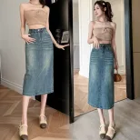 Womens High Waist A Line Denim Skirt Mid Length with Back Slit Casual Spring Autumn Wear