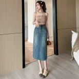 Womens High Waist A Line Denim Skirt Mid Length with Back Slit Casual Spring Autumn Wear