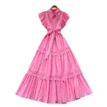 Elegant Vintage Lace Panel Waist Defined Short Sleeve Dress for Women Flowy Maxi Style Available in Red White Green Wholesale