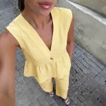 Womens Sleeveless V Neck Vest and Pants Set Casual Style Available in Apricot Yellow and Blue Wholesale Ready to Ship