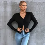 Womens Long Sleeve Cropped T Shirt Slim Fit Casual Style Black Cotton Blend