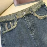 Slim Fit Denim Midi Skirt for Women Frayed Hem Split Design Casual Everyday Wear