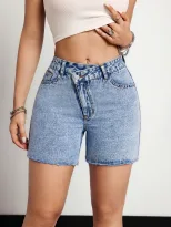 Womens Denim Shorts Cross Waist Design Casual Fit Blue Available in XS to L Wholesale Ready to Ship