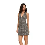 Leopard Print Halter Dress for Women Lace Trim V Neck Slim Fit A Line Mini Dress Summer Casual Wear