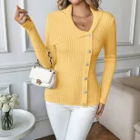 Slim Fit V Neck Womens Sweater with Pearl Decoration in Yellow for Spring and Autumn Wholesale Low MOQ