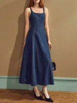 Womens Summer Casual Denim Maxi Dress Elegant Sleeveless Design Available in Blue Wholesale Low MOQ