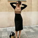 French Style Polka Dot Long Sleeve Bodycon Dress Square Neck Bow Tie Side Slit Mid Length Perfect for Parties and