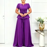 Plus Size Womens Casual Ruffle Sleeve Top and Wide Leg Pants Set in Purple Apricot Blue and Peacock Green for Summer