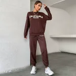 Womens Long Sleeve Letter Print Hoodie Set Casual Fashion Outfit Coffee Color low MOQ
