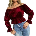 Womens Long Sleeve T Shirt Off Shoulder Ruffle Design Velvet Fabric Elegant Style