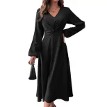 V Neck A Line Dress Elegant High Waist Design Fall Winter Fashion private label
