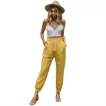Casual Womens Pants Solid Color Cotton Linen Drawstring Cuffed Trousers in Yellow Sizes S to XL
