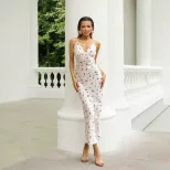 Floral Print Maxi Dress for Women Slim Fit V Neck Spaghetti Straps Elegant Summer Wear