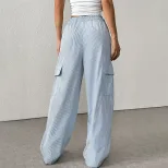Wide Leg Striped Trousers for Women Casual Summer Style Lightweight Fabric Available in Blue Wholesale Options
