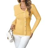 Slim Fit V Neck Womens Sweater with Pearl Decoration in Yellow for Spring and Autumn Wholesale Low MOQ
