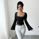 Black Square Neck Long Sleeve T Shirt for Women with Pearl Detail and Flare Sleeves Slim Fit for Casual Wear Wholesale