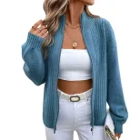 Womens Casual Cardigan Sweater Solid Color Long Sleeve High Neck Knit Autumn Winter Wear