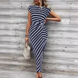 Elegant Striped Maxi Dress for Women Short Sleeve Round Neck Waist Tie Summer Fashion