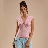 V Neck Sleeveless T Shirt for Women Slim Fit Textured Fabric Casual Summer Wear