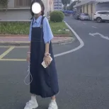 Denim Overall Dress for Women Loose Fit Mid Length Spring Autumn Casual Solid Color