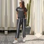 Womens Casual Two Piece Set Short Sleeve Striped Round Neck Comfortable Fabric Available in Blue Gray Black Wholesale