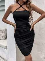 Black Cross Back Bodycon Dress with Ruching and Slim Fit for Women Perfect for Parties and Night Out