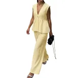 Womens Sleeveless V Neck Vest and Pants Set Casual Style Available in Apricot Yellow and Blue Wholesale Ready to Ship