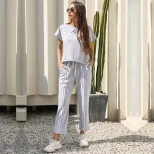 Womens Casual Two Piece Set Short Sleeve Striped Round Neck Comfortable Fabric Available in Blue Gray Black Wholesale