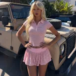 Striped Button Up T Shirt and Low Waist Ruffled Skirt Set for Women Summer Casual Wear Available in Pink and Apricot
