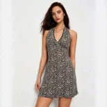 Leopard Print Halter Dress for Women Lace Trim V Neck Slim Fit A Line Mini Dress Summer Casual Wear