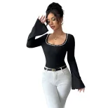 Black Square Neck Long Sleeve T Shirt for Women with Pearl Detail and Flare Sleeves Slim Fit for Casual Wear Wholesale