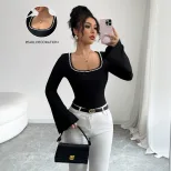 Black Square Neck Long Sleeve T Shirt for Women with Pearl Detail and Flare Sleeves Slim Fit for Casual Wear Wholesale