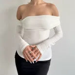 Womens Slim Fit Off Shoulder Top Solid Color Lightweight Fabric Summer Casual Wear