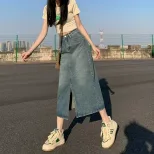 High Waist Slim Fit Midi Denim Skirt for Women Spring Summer Casual Style with Side Slit Available in Blue and Black Wholesale