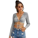 Slim Fit V Neck Casual T Shirt for Women Drawstring Detail Gray Perfect for Everyday Wear